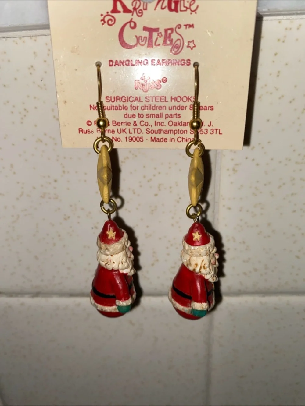 VTG Russ Kringle Cuties Dangle Earrings Surgical Steel Hooks Santa Claus